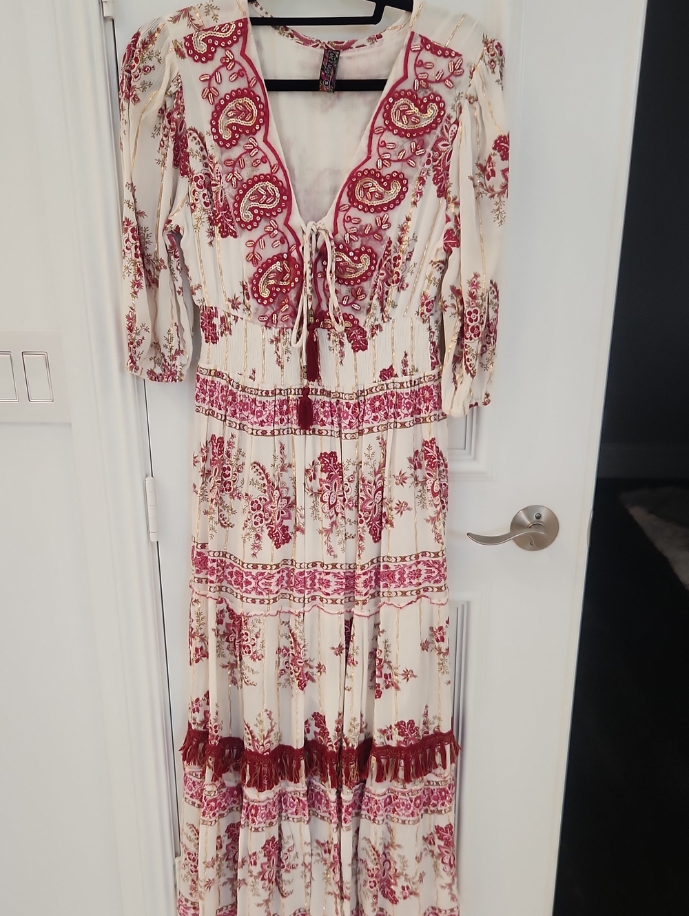 Bohemian Cream and Red Floral Maxi Dress with Tie Front